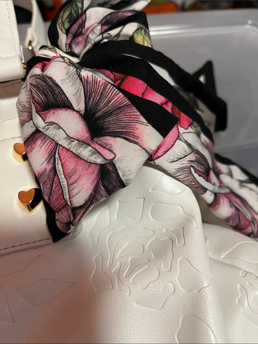 Betsey Johnson White Embossed Floral Satchel with Floral Scarf Accent - Picture 2 of 7
